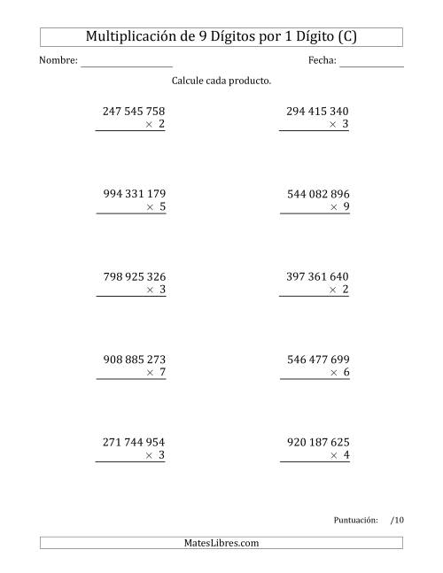 La hoja de ejercicios de Multiplicar Números de 9 Dígitos por 1 Dígito Usando Espacios como Separadores de Millares (C)