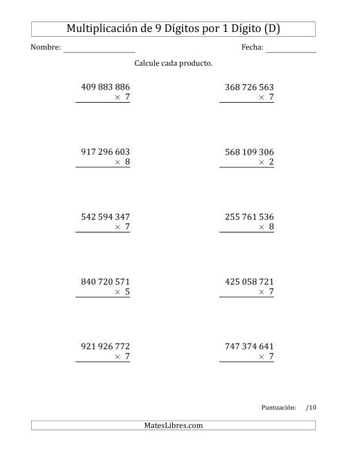 La hoja de ejercicios de Multiplicar Números de 9 Dígitos por 1 Dígito Usando Espacios como Separadores de Millares (D)