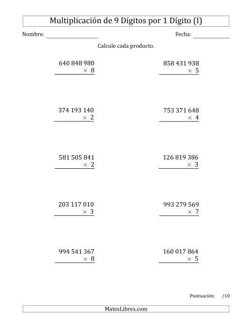 La hoja de ejercicios de Multiplicar Números de 9 Dígitos por 1 Dígito Usando Espacios como Separadores de Millares (I)