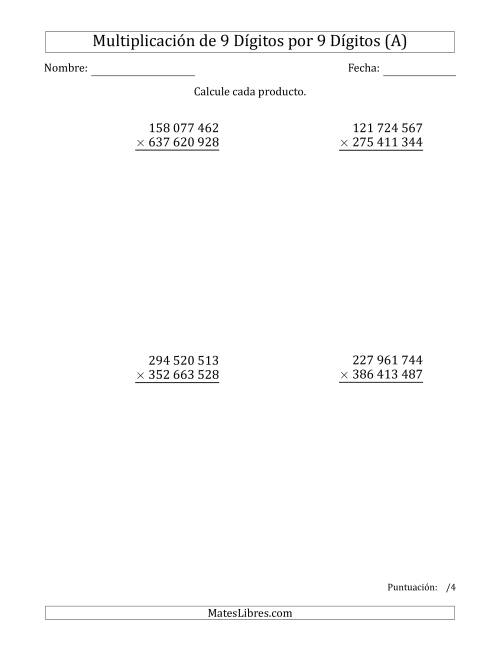 La hoja de ejercicios de Multiplicar Números de 9 Dígitos por 9 Dígitos Usando Espacios como Separadores de Millares (A)