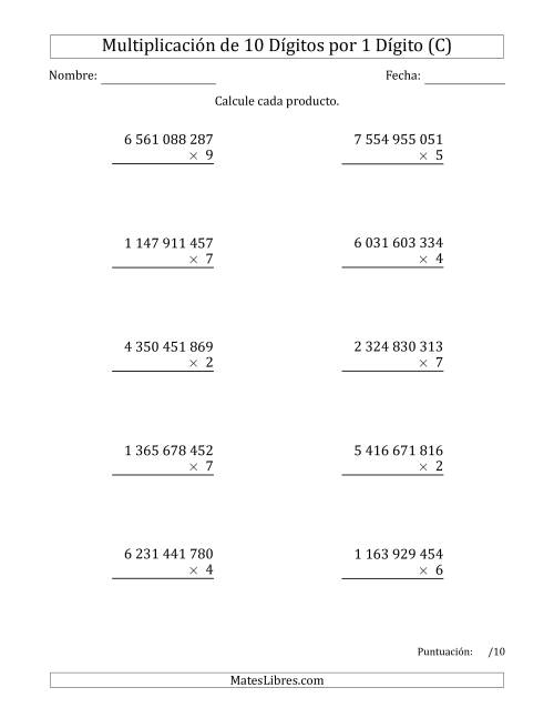 La hoja de ejercicios de Multiplicar Números de 10 Dígitos por 1 Dígito Usando Espacios como Separadores de Millares (C)
