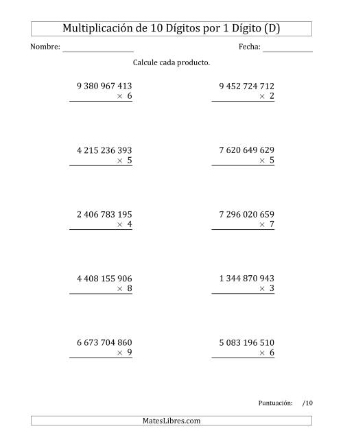 La hoja de ejercicios de Multiplicar Números de 10 Dígitos por 1 Dígito Usando Espacios como Separadores de Millares (D)