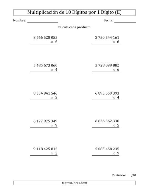 La hoja de ejercicios de Multiplicar Números de 10 Dígitos por 1 Dígito Usando Espacios como Separadores de Millares (E)
