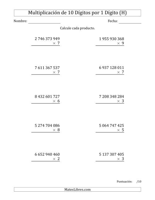 La hoja de ejercicios de Multiplicar Números de 10 Dígitos por 1 Dígito Usando Espacios como Separadores de Millares (H)