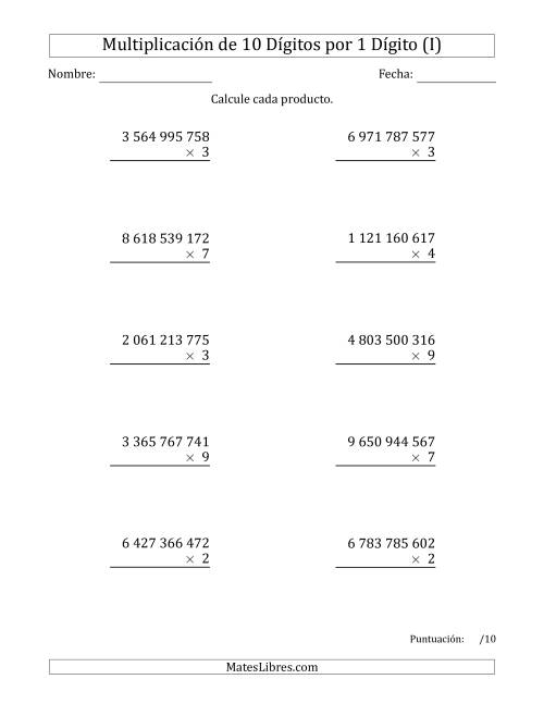 La hoja de ejercicios de Multiplicar Números de 10 Dígitos por 1 Dígito Usando Espacios como Separadores de Millares (I)