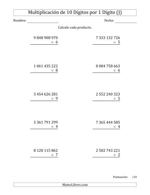 La hoja de ejercicios de Multiplicar Números de 10 Dígitos por 1 Dígito Usando Espacios como Separadores de Millares (J)