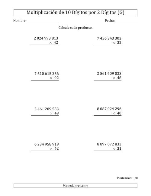 La hoja de ejercicios de Multiplicar Números de 10 Dígitos por 2 Dígitos Usando Espacios como Separadores de Millares (G)