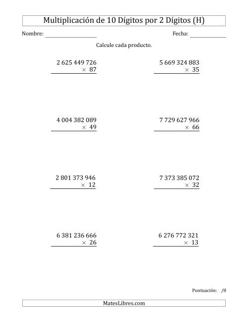 La hoja de ejercicios de Multiplicar Números de 10 Dígitos por 2 Dígitos Usando Espacios como Separadores de Millares (H)