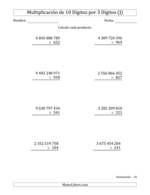 La hoja de ejercicios de Multiplicar Números de 10 Dígitos por 3 Dígitos Usando Espacios como Separadores de Millares (J)