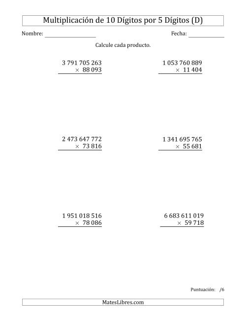 La hoja de ejercicios de Multiplicar Números de 10 Dígitos por 5 Dígitos Usando Espacios como Separadores de Millares (D)