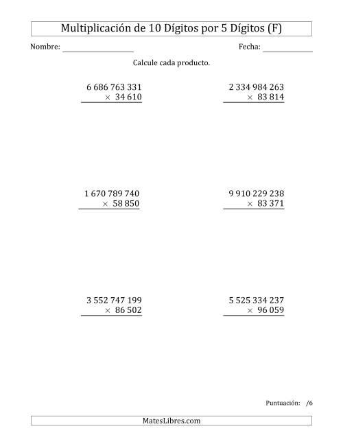 La hoja de ejercicios de Multiplicar Números de 10 Dígitos por 5 Dígitos Usando Espacios como Separadores de Millares (F)