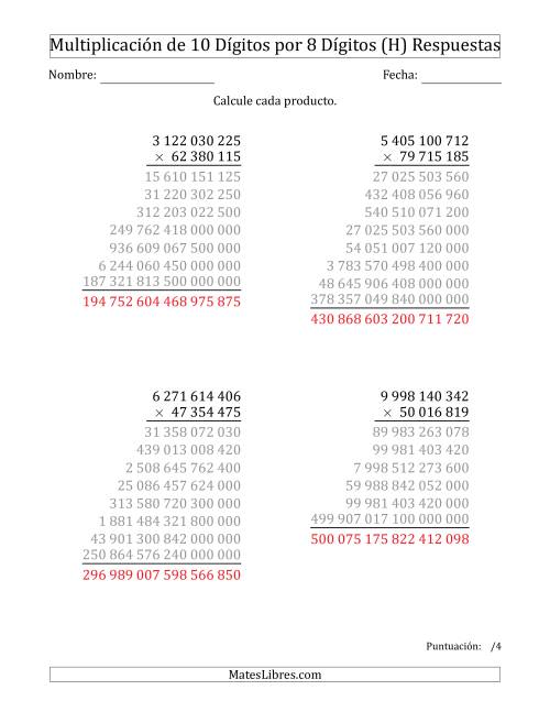 La hoja de ejercicios de Multiplicar Números de 10 Dígitos por 8 Dígitos Usando Espacios como Separadores de Millares (H) Página 2
