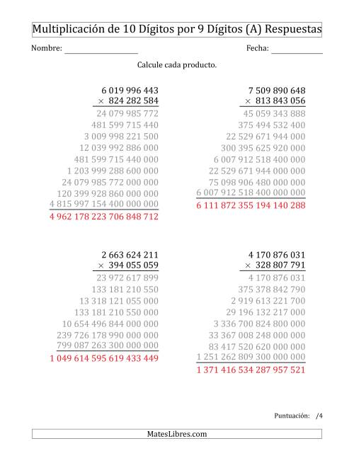 La hoja de ejercicios de Multiplicar Números de 10 Dígitos por 9 Dígitos Usando Espacios como Separadores de Millares (A) Página 2