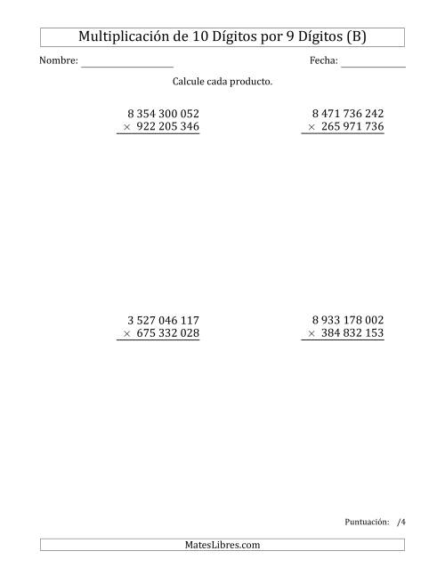 La hoja de ejercicios de Multiplicar Números de 10 Dígitos por 9 Dígitos Usando Espacios como Separadores de Millares (B)