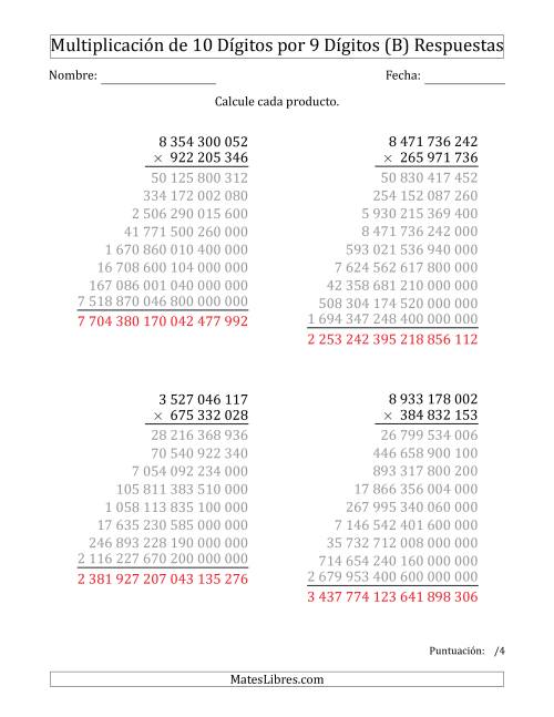 La hoja de ejercicios de Multiplicar Números de 10 Dígitos por 9 Dígitos Usando Espacios como Separadores de Millares (B) Página 2