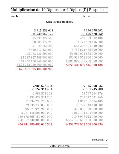 La hoja de ejercicios de Multiplicar Números de 10 Dígitos por 9 Dígitos Usando Espacios como Separadores de Millares (D) Página 2