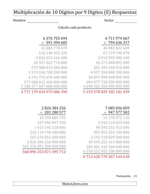 La hoja de ejercicios de Multiplicar Números de 10 Dígitos por 9 Dígitos Usando Espacios como Separadores de Millares (E) Página 2