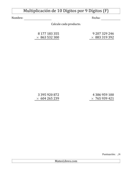 La hoja de ejercicios de Multiplicar Números de 10 Dígitos por 9 Dígitos Usando Espacios como Separadores de Millares (F)