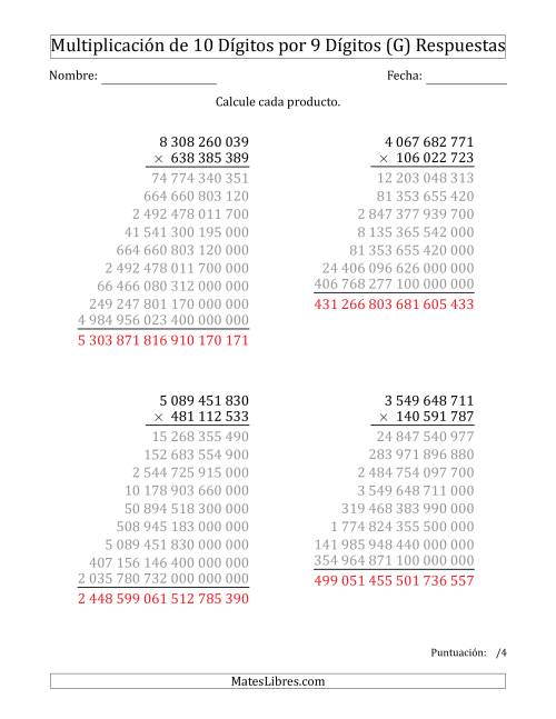 La hoja de ejercicios de Multiplicar Números de 10 Dígitos por 9 Dígitos Usando Espacios como Separadores de Millares (G) Página 2