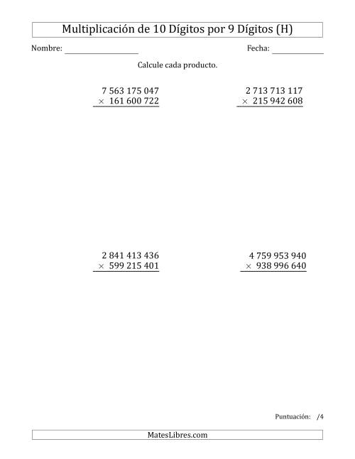 La hoja de ejercicios de Multiplicar Números de 10 Dígitos por 9 Dígitos Usando Espacios como Separadores de Millares (H)
