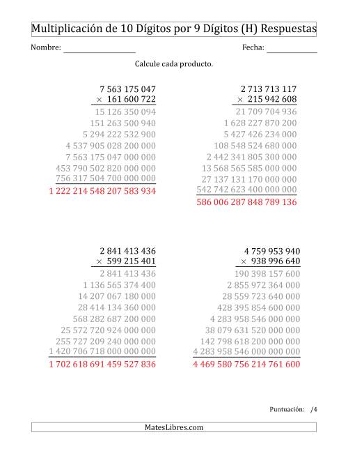 La hoja de ejercicios de Multiplicar Números de 10 Dígitos por 9 Dígitos Usando Espacios como Separadores de Millares (H) Página 2