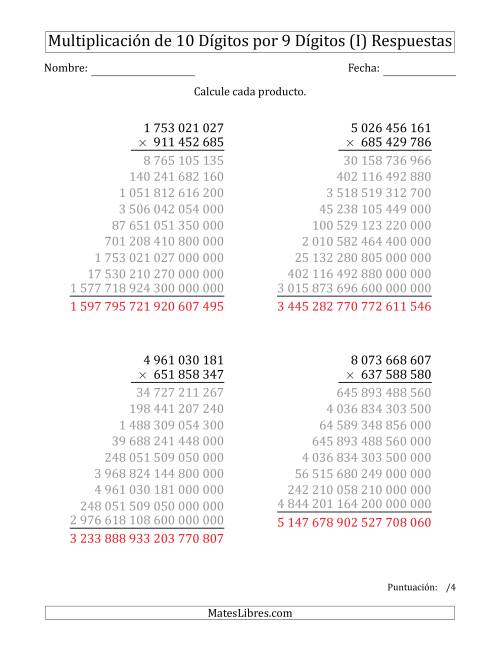 La hoja de ejercicios de Multiplicar Números de 10 Dígitos por 9 Dígitos Usando Espacios como Separadores de Millares (I) Página 2