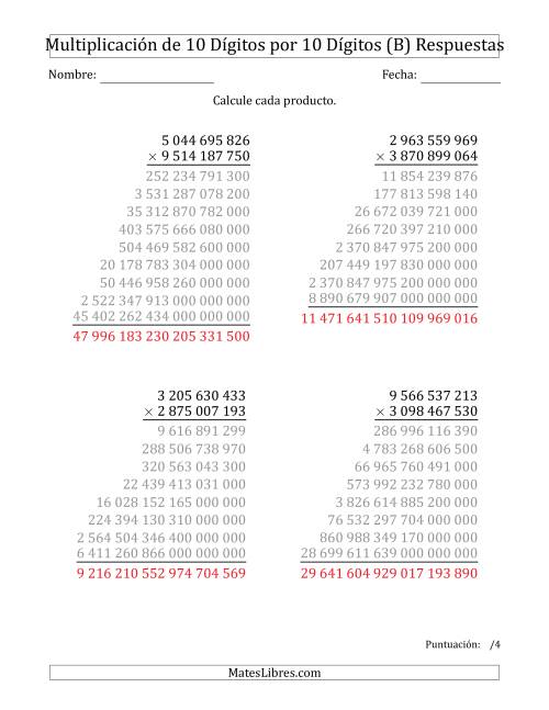 La hoja de ejercicios de Multiplicar Números de 10 Dígitos por 10 Dígitos Usando Espacios como Separadores de Millares (B) Página 2