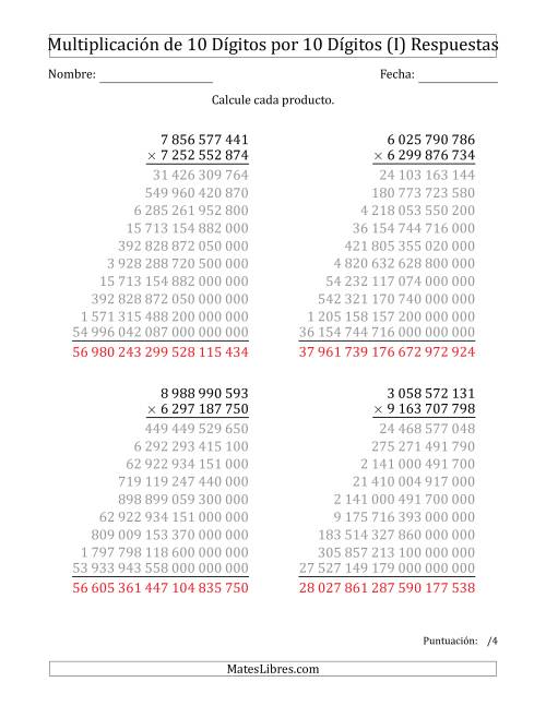 La hoja de ejercicios de Multiplicar Números de 10 Dígitos por 10 Dígitos Usando Espacios como Separadores de Millares (I) Página 2