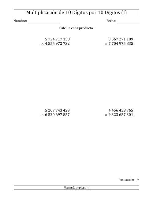 La hoja de ejercicios de Multiplicar Números de 10 Dígitos por 10 Dígitos Usando Espacios como Separadores de Millares (J)