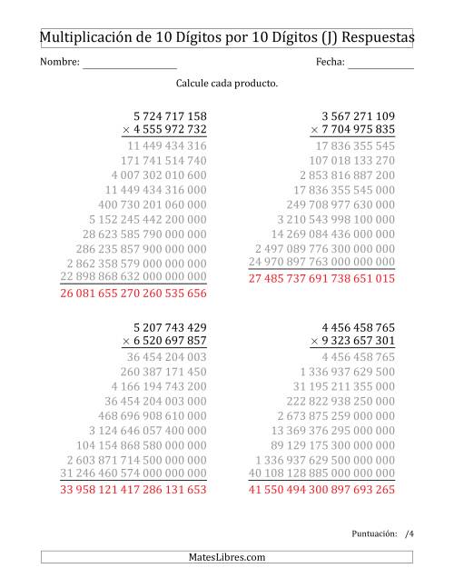 La hoja de ejercicios de Multiplicar Números de 10 Dígitos por 10 Dígitos Usando Espacios como Separadores de Millares (J) Página 2