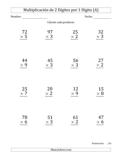 La hoja de ejercicios de Multiplicar Números de 2 Dígitos por 1 Dígito (Formato Grande) Usando Puntos como Separadores de Millares (A)