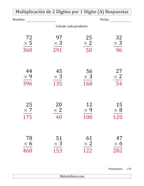 La hoja de ejercicios de Multiplicar Números de 2 Dígitos por 1 Dígito (Formato Grande) Usando Puntos como Separadores de Millares (A) Página 2