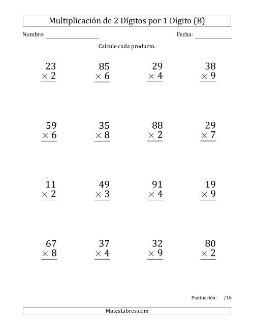 La hoja de ejercicios de Multiplicar Números de 2 Dígitos por 1 Dígito (Formato Grande) Usando Puntos como Separadores de Millares (B)