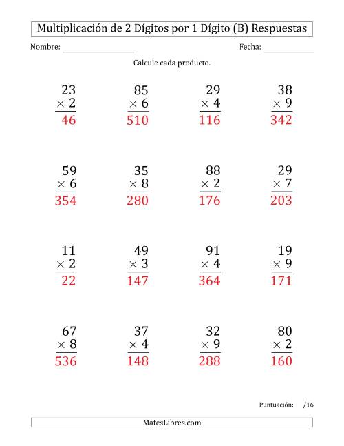 La hoja de ejercicios de Multiplicar Números de 2 Dígitos por 1 Dígito (Formato Grande) Usando Puntos como Separadores de Millares (B) Página 2