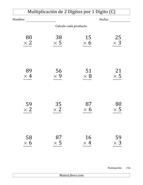 La hoja de ejercicios de Multiplicar Números de 2 Dígitos por 1 Dígito (Formato Grande) Usando Puntos como Separadores de Millares (C)