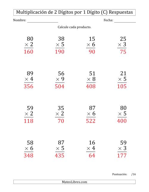 La hoja de ejercicios de Multiplicar Números de 2 Dígitos por 1 Dígito (Formato Grande) Usando Puntos como Separadores de Millares (C) Página 2