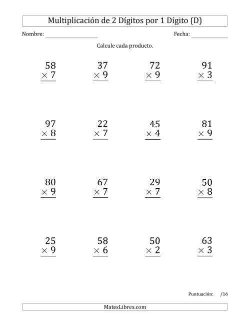 La hoja de ejercicios de Multiplicar Números de 2 Dígitos por 1 Dígito (Formato Grande) Usando Puntos como Separadores de Millares (D)