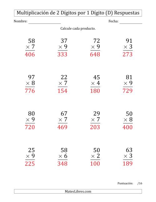La hoja de ejercicios de Multiplicar Números de 2 Dígitos por 1 Dígito (Formato Grande) Usando Puntos como Separadores de Millares (D) Página 2