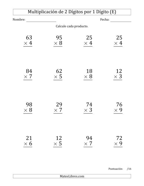 La hoja de ejercicios de Multiplicar Números de 2 Dígitos por 1 Dígito (Formato Grande) Usando Puntos como Separadores de Millares (E)