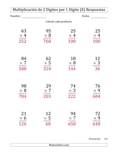 La hoja de ejercicios de Multiplicar Números de 2 Dígitos por 1 Dígito (Formato Grande) Usando Puntos como Separadores de Millares (E) Página 2