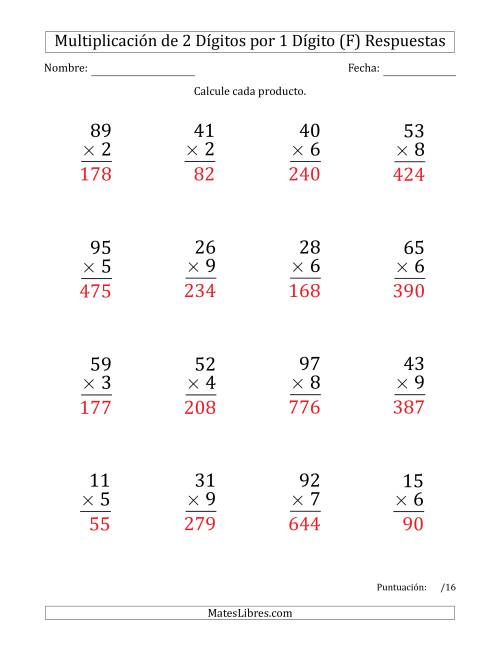 La hoja de ejercicios de Multiplicar Números de 2 Dígitos por 1 Dígito (Formato Grande) Usando Puntos como Separadores de Millares (F) Página 2