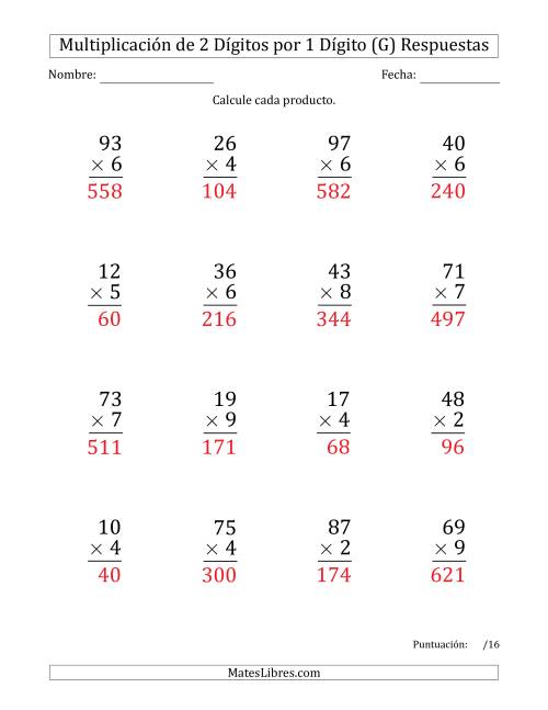 La hoja de ejercicios de Multiplicar Números de 2 Dígitos por 1 Dígito (Formato Grande) Usando Puntos como Separadores de Millares (G) Página 2