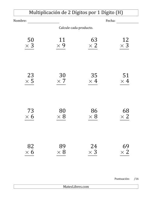 La hoja de ejercicios de Multiplicar Números de 2 Dígitos por 1 Dígito (Formato Grande) Usando Puntos como Separadores de Millares (H)