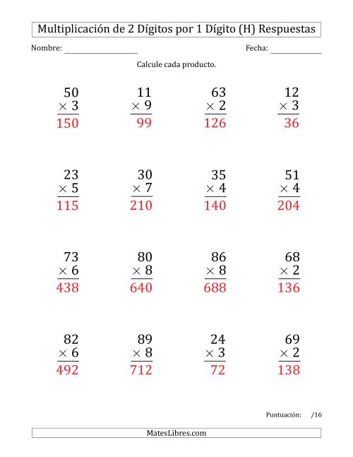 La hoja de ejercicios de Multiplicar Números de 2 Dígitos por 1 Dígito (Formato Grande) Usando Puntos como Separadores de Millares (H) Página 2