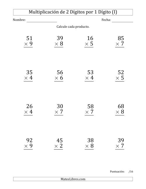 La hoja de ejercicios de Multiplicar Números de 2 Dígitos por 1 Dígito (Formato Grande) Usando Puntos como Separadores de Millares (I)