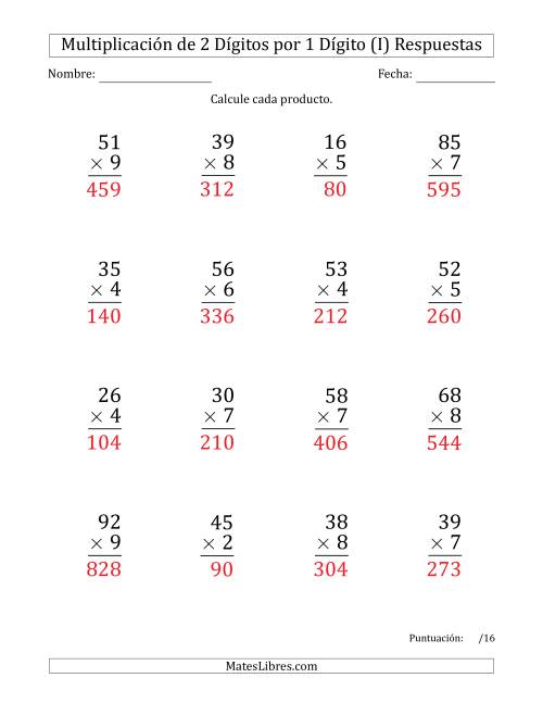 La hoja de ejercicios de Multiplicar Números de 2 Dígitos por 1 Dígito (Formato Grande) Usando Puntos como Separadores de Millares (I) Página 2