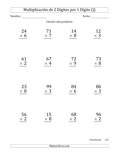 La hoja de ejercicios de Multiplicar Números de 2 Dígitos por 1 Dígito (Formato Grande) Usando Puntos como Separadores de Millares (J)