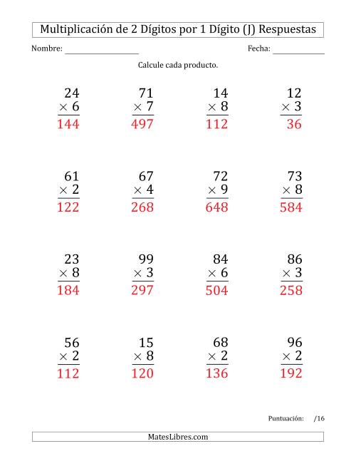 La hoja de ejercicios de Multiplicar Números de 2 Dígitos por 1 Dígito (Formato Grande) Usando Puntos como Separadores de Millares (J) Página 2