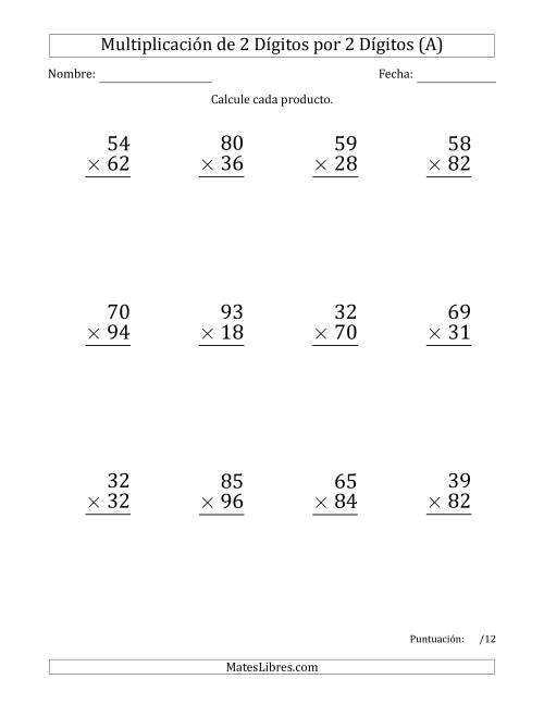 La hoja de ejercicios de Multiplicar Números de 2 Dígitos por 2 Dígitos (Formato Grande) Usando Puntos como Separadores de Millares (A)