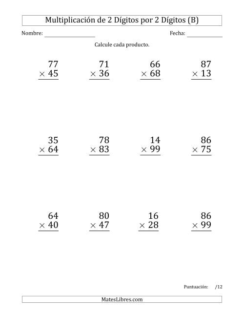 La hoja de ejercicios de Multiplicar Números de 2 Dígitos por 2 Dígitos (Formato Grande) Usando Puntos como Separadores de Millares (B)